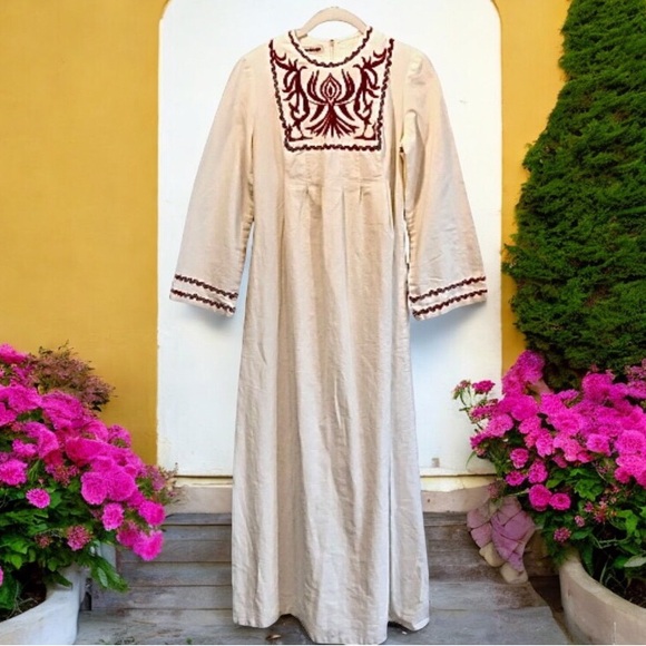 Joseph Magnin Dresses & Skirts - Vintage 70s Joseph Magnin Kaftan Dress Embroidered Ric Rac Cream Maxi Boho XS